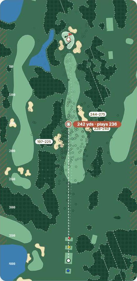 Map of hole 1 at The Belfry · Brabazon, par 4, with the planned tee shot and simulated shots