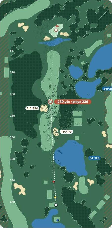 Map of hole 4 at The Belfry · Brabazon, par 4, with the planned tee shot and simulated shots