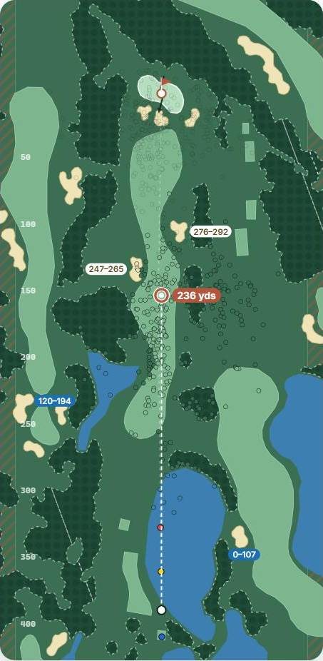 Map of hole 5 at The Belfry · Brabazon, par 4, with the planned tee shot and simulated shots