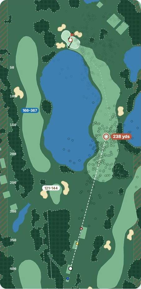 Map of hole 6 at The Belfry · Brabazon, par 4, with the planned tee shot and simulated shots