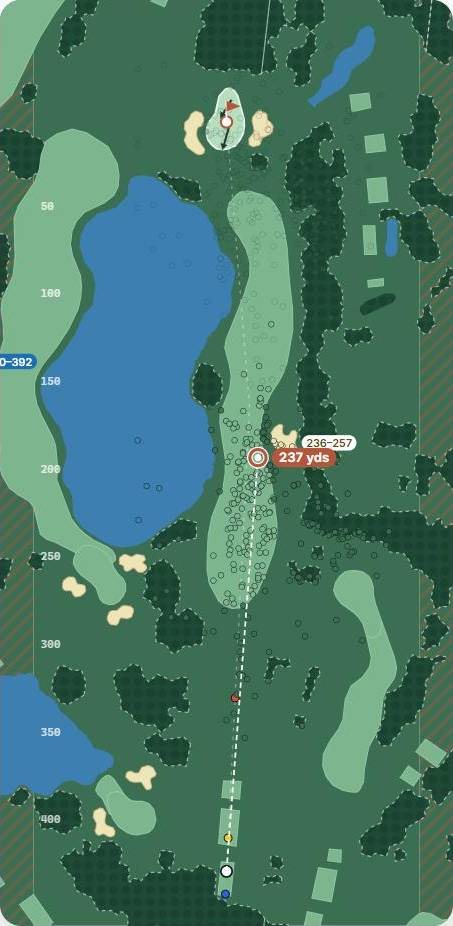 Map of hole 8 at The Belfry · Brabazon, par 4, with the planned tee shot and simulated shots