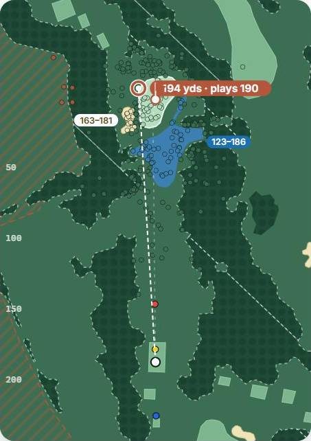 Map of hole 12 at The Belfry · Brabazon, par 3, with the planned tee shot and simulated shots