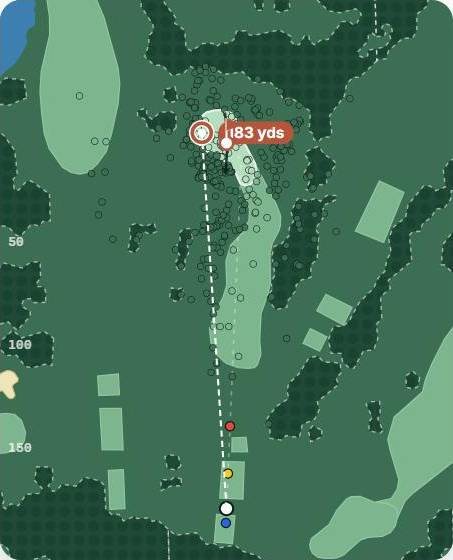 Map of hole 14 at The Belfry · Brabazon, par 3, with the planned tee shot and simulated shots