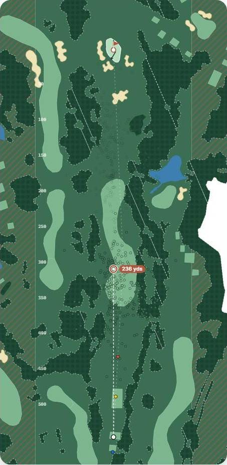 Map of hole 15 at The Belfry · Brabazon, par 5, with the planned tee shot and simulated shots
