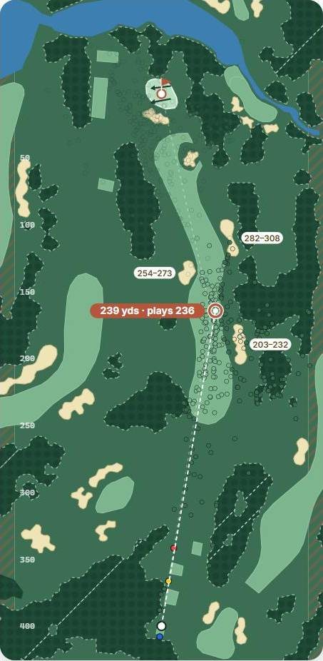 Map of hole 16 at The Belfry · Brabazon, par 4, with the planned tee shot and simulated shots