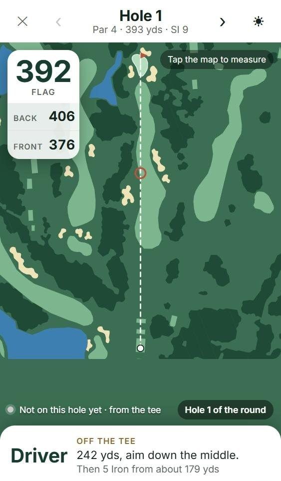 GPS yardages on hole 1: 392 to the flag, with the plan: driver, 242 yards, aim down the middle
